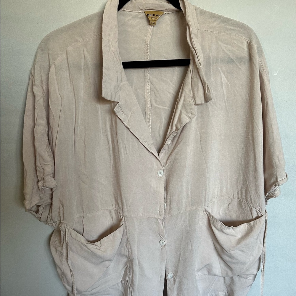 Beulah Shirt, Cream Button Down Size Small / Medium Double Pocket Tie Strings